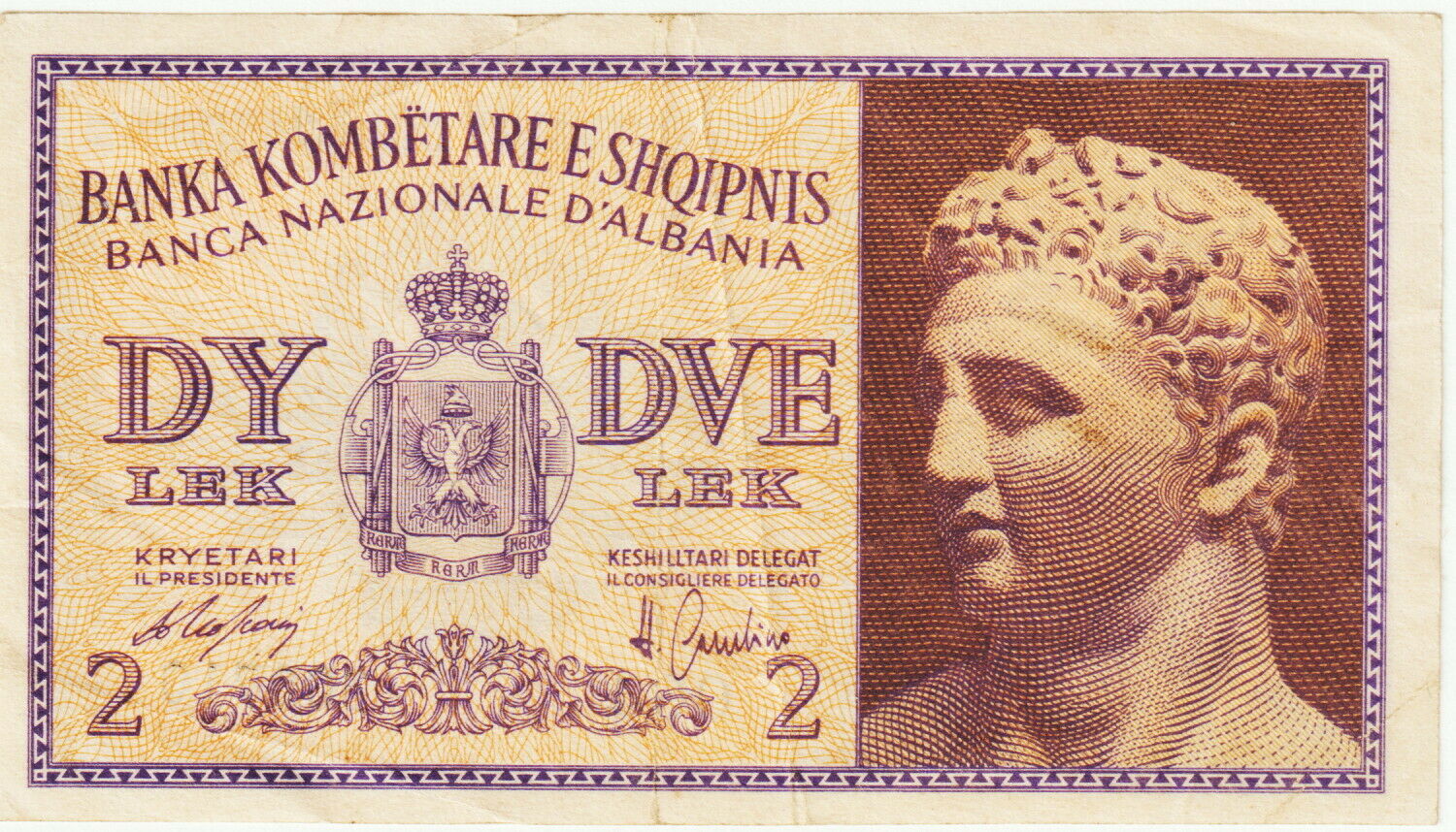 Albania-italian Occupation 2 Lek Banknote 1940 Very Fine Condition Pick#9"statue