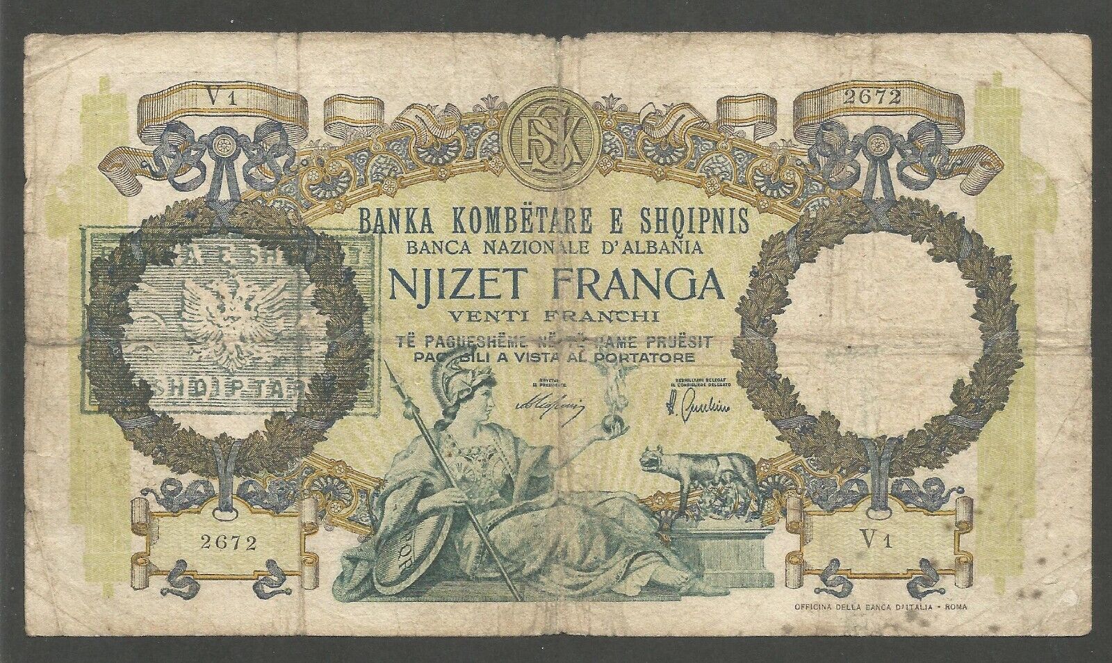 Albania 20 Franga (1945); G+; P-13; L-B202a; Provisional issue; Overprint; WWII